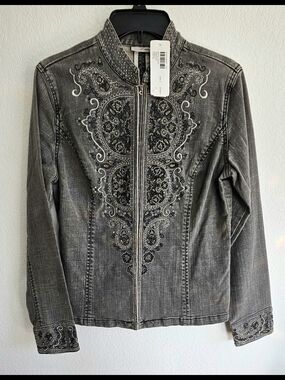 CHICO'S Platinum Women's Size 0 Grayson Pewter Grey Embroiderd Denim Jacket NEW
